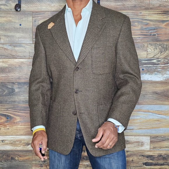 Vintage Evan Picone Wool Blend Brown Geometric Elbow Patches Blazer Jacket 41R - Picture 1 of 10